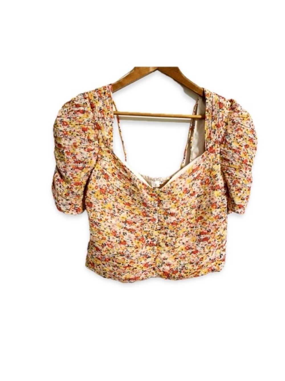 NWT ASTR Lin Floral Pintuck Smocked Sweetheart Peasant Crop Top Sz S